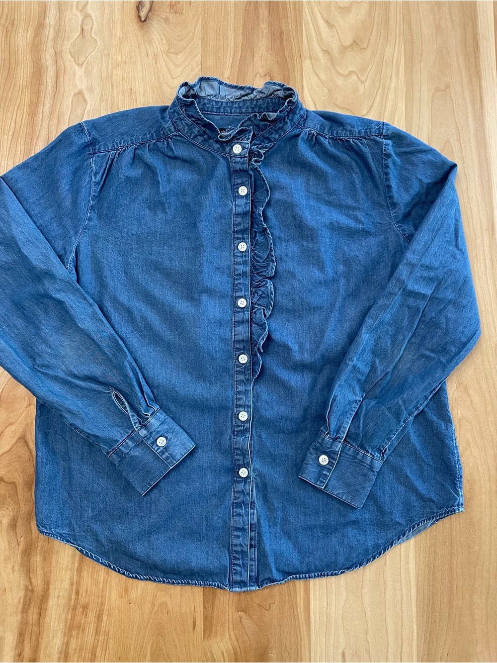 Ann Taylor Medium Ruffle Collar And Placket Chambray Long Sleeve Shirt